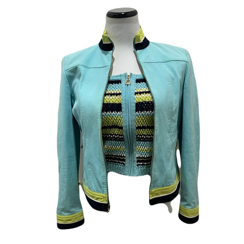 St John Sport by Marie Gray Blue/Yellow Denim Women's Jacket Vest Set Sz Petite
